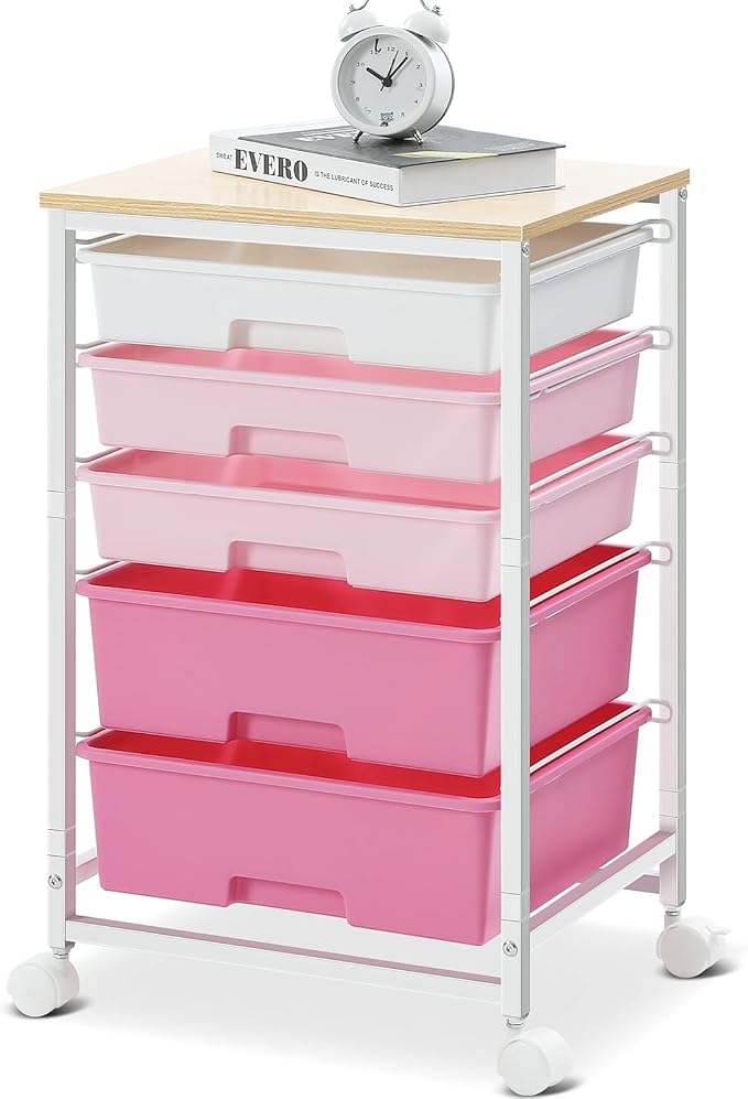 SYKIARIOL Utility Cart with 5 Drawers, Storage Drawer Cart with Wooden Tabletop by SYKIARIOL