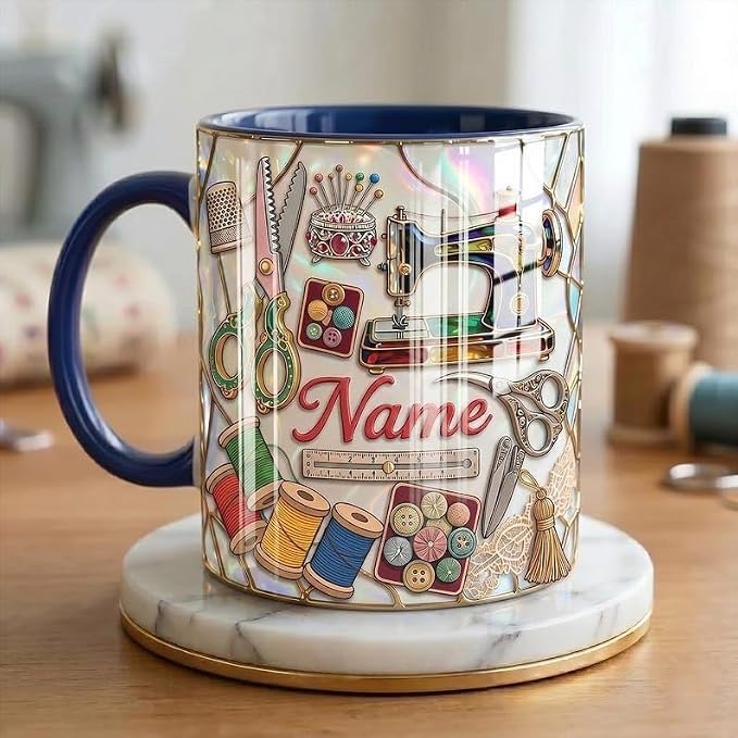 Personalized Sewing Mug with Name, Quilting Lover Coffee Cup, Sewing Machine Mug by Custom