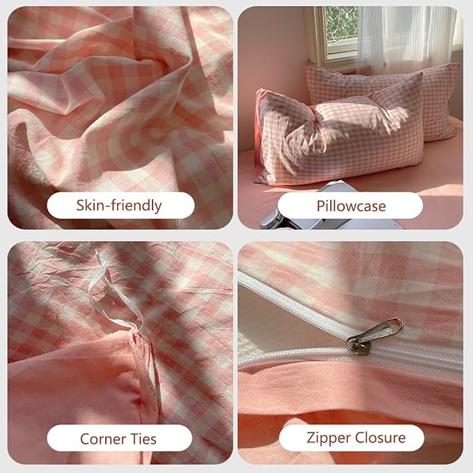 Nayoroom Gingham Duvet Cover Full Size Reversible Pink Plaid Checkered Duvet - Image 6