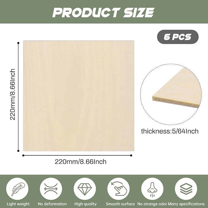 6 Pack Plywood Sheets, 8.66" x 8.66"x 5/64" Basswood Sheets | 2mm Basswood - Image 2