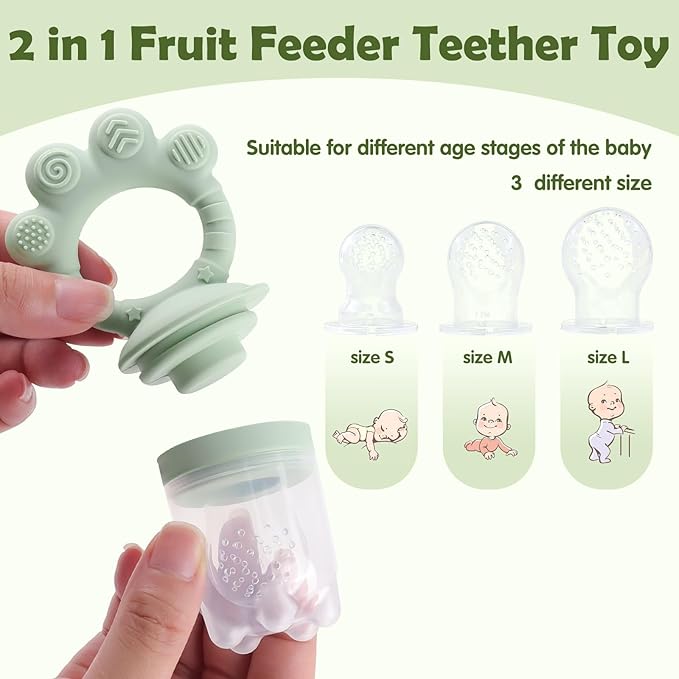 Baby Fruit Food Feeder Set and Teething Toys for Baby – 3 Size Silicone Fruit Feeder with Breastmilk Popsicle Freezer Molds, 2 Teethers for Teething Relief and Infant Self-Feeding