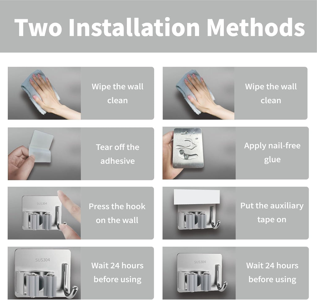 5 Pack Mop and Broom Holder Wall Mount, Silver Stainless Steel Mop and Broom Hanger with Hooks, Mop Broom Organizer for Closet Laundry Garage Garden Tool Organizer