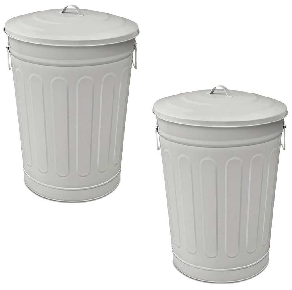Plexon 13-Gallon Galvanized Steel Round Trash Can with Lid, Indoor and Outdoor Use, Durable Construction, Retro Design, Stylish Beige 2 Pack