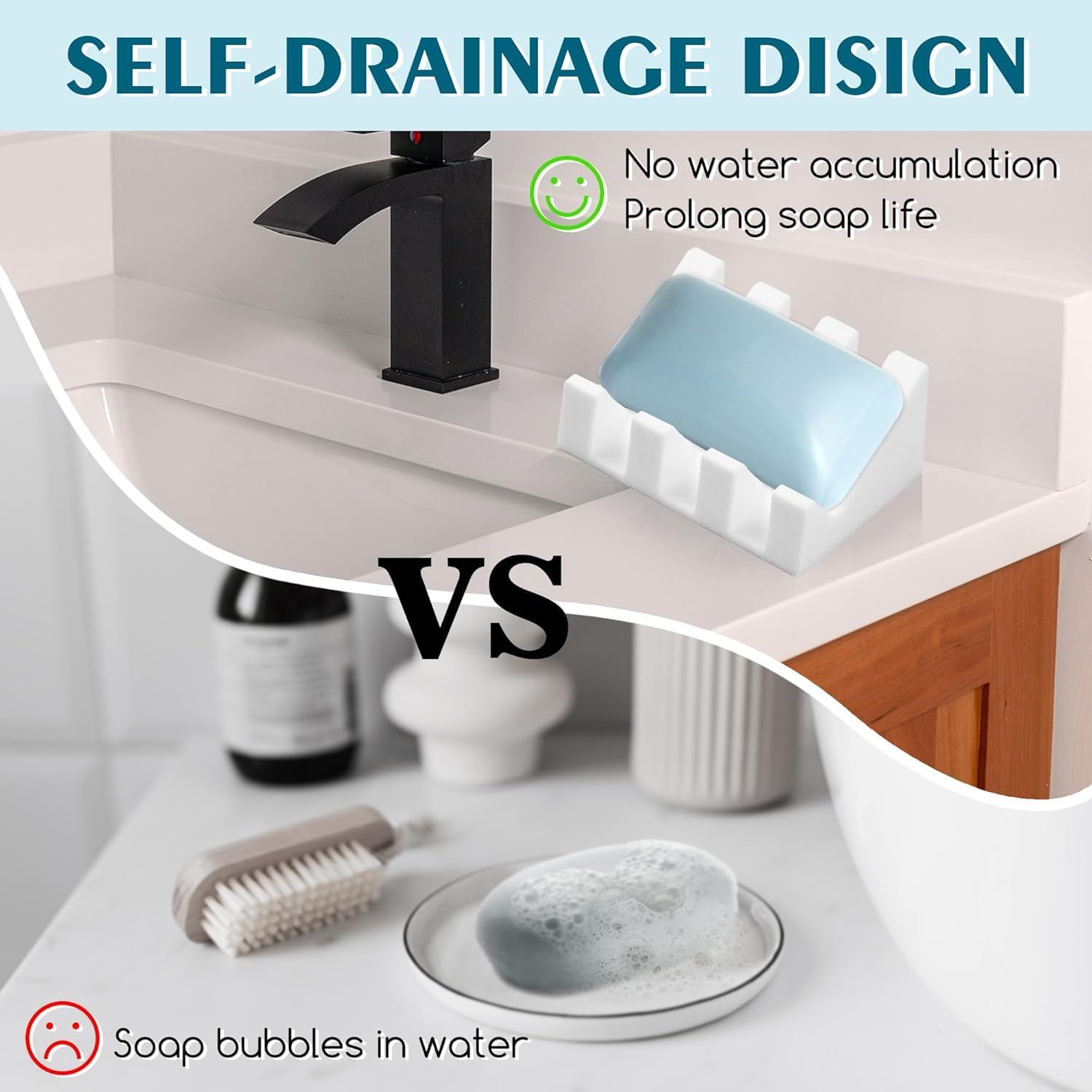 Silicone Soap Dish for Bar Soap Holder for Shower Bathroom Self Draining Waterfall Drying Tray Keep Soap Bars Dry Clean & Easy Cleaning (White, 2)