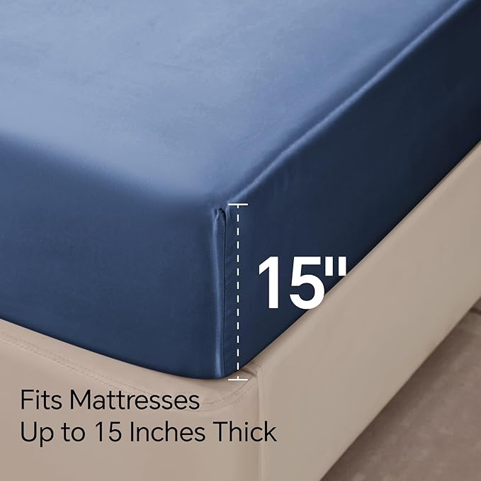 BEDELITE King Size Sheets Set, Luxury Soft Navy Satin Sheets - Image 6