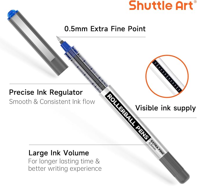 Shuttle Art RollerBall Pens, 50 Pack Blue Fine Point Roller Ball Pens, 0.5mm - Image 2