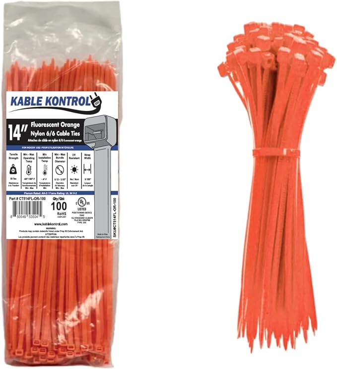 Kable Kontrol Fluorescent Orange Zip Ties 14 Inch 100 Pcs, 50 Lbs Tensile by KABLEKONTROL%C2%AE