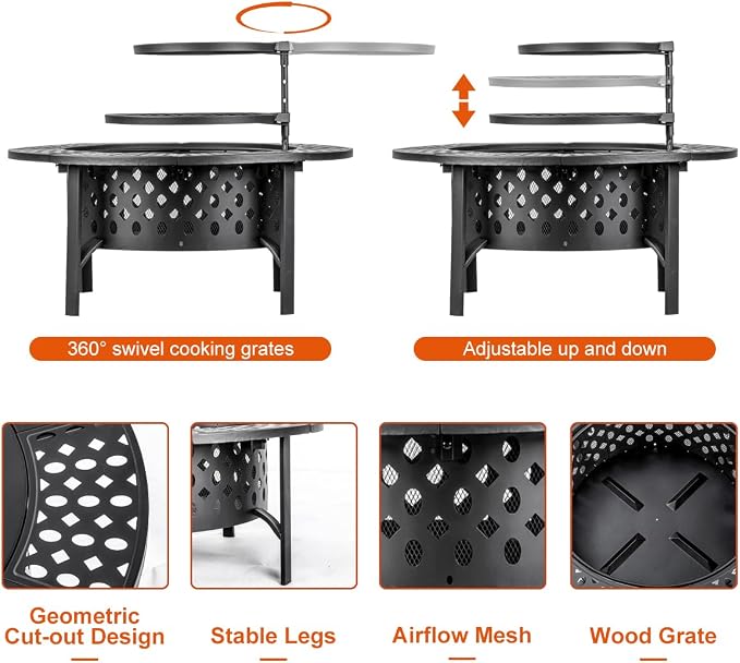 OutVue 42 Inch Fire Pit with 2 Grills, Extra Large Wood Burning Fire Pits - Image 7