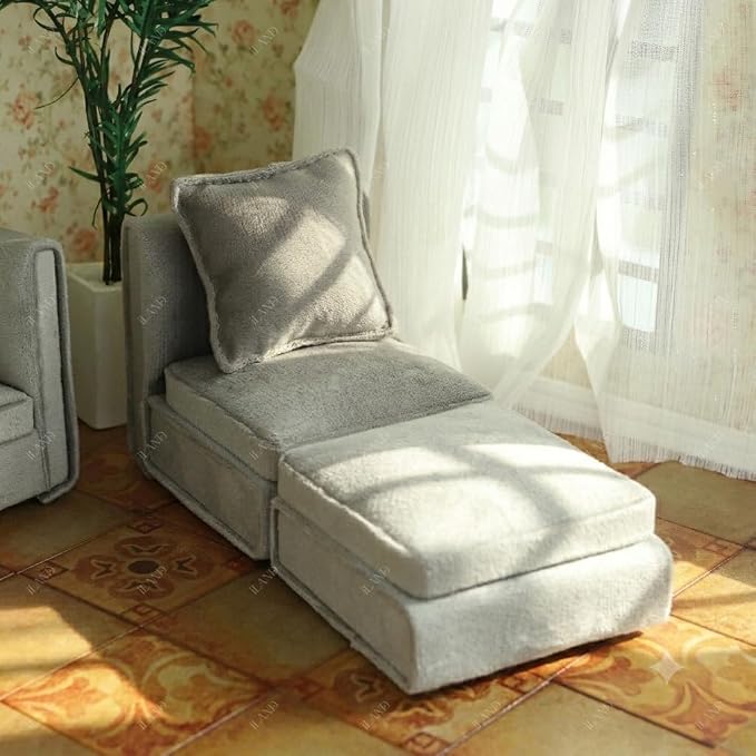 iLAND Dollhouse Furniture Sectional Dollhouse Couch Set Light Grey Velvet Sofa - Image 7