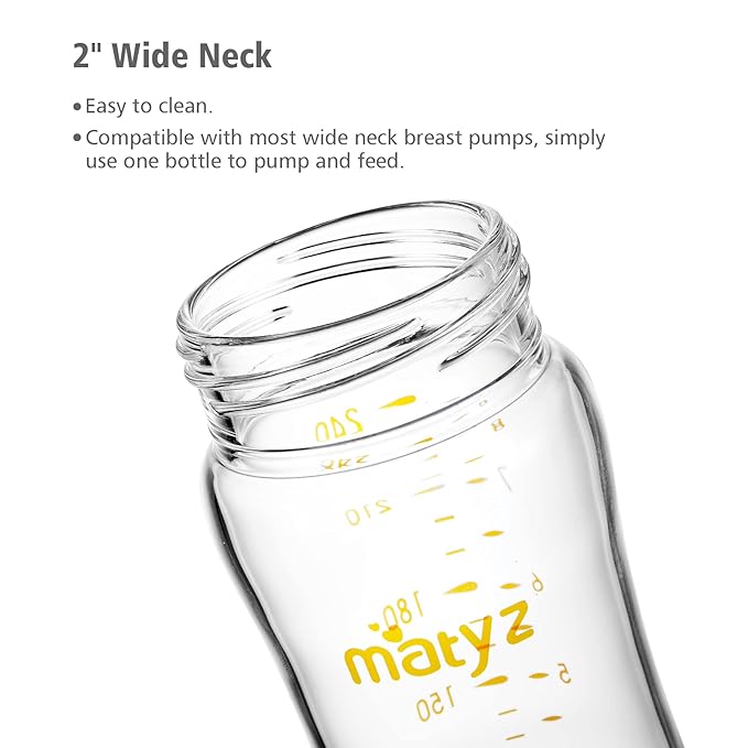Matyz Glass Breastmilk Baby Feeding Bottle with Nipple, 2 Pack, 8 oz Slim and Light Bottle Easy to Hold, Food Grade Borosilicate Glass, Wide Neck Easy to Clean, No BPA (Pink Lids)