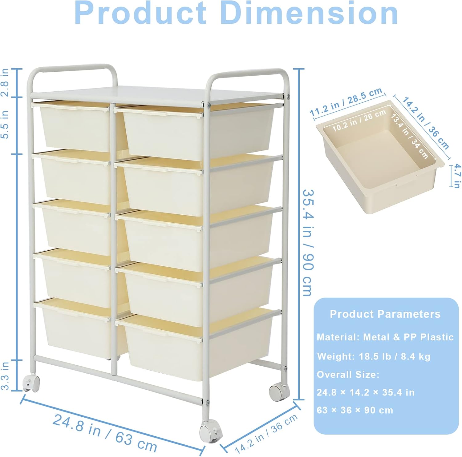 Rolling Cart with 10 Drawers, Plastic Drawer Cart with Metal Frame, Multipurpose Art Craft Cart Organizer with Wheels, Utility Cart with Drawers for Home, Office, School, White