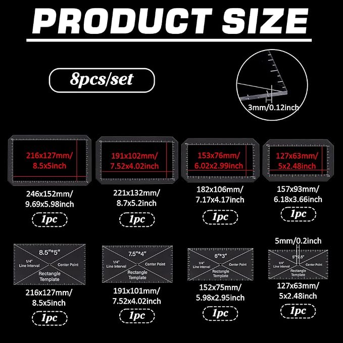 BENECREAT 8pcs Rectangle Quilting Template, 5x2.5/ 6x3/ 7.5x4/ 8.5x5 inch - Image 3