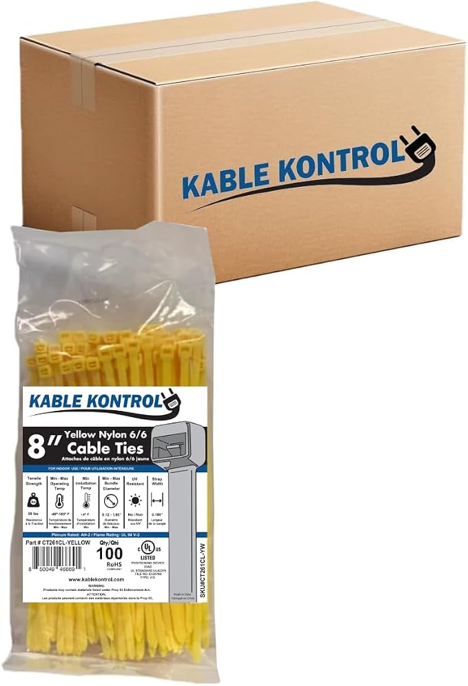 Kable Kontrol Yellow Zip Ties 8 Inch 10, 50 Lbs Tensile Strength, Bulk Pack by KABLEKONTROL%C2%AE