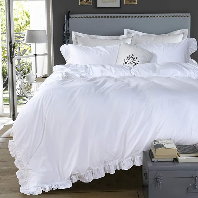 QSH White Ruffle Duvet Cover Queen Washed Cotton Farmhouse Shabby Boho Chic by QSH