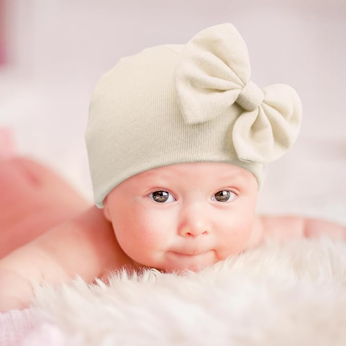 BQUBO Newborn Baby Girls Hats Mittens Set Hospital Hat Beanie Infant Bow Hats Baby Cotton Gloves for 0-6 Months