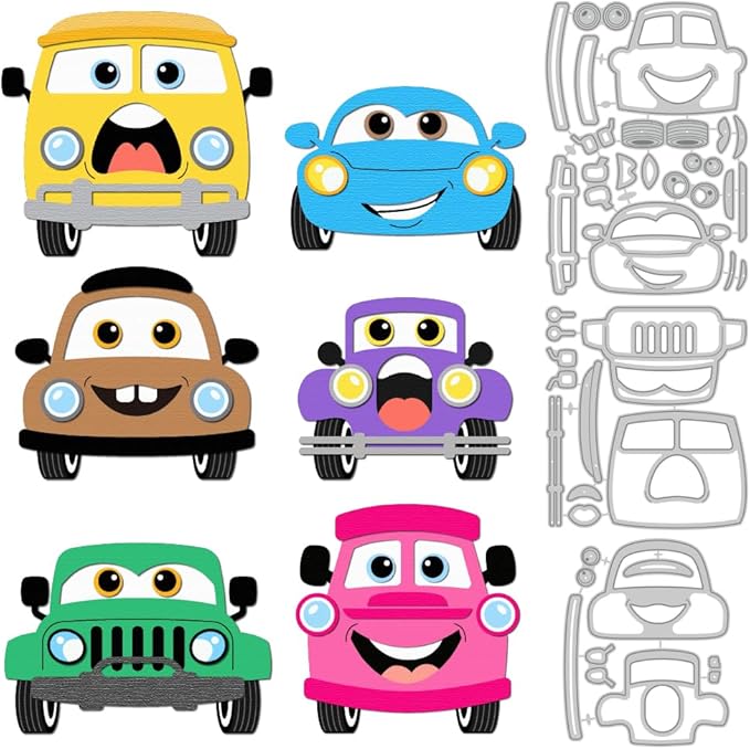 6 Styles Cute Anthropomorphic Car Metal Cutting Dies Cartoon Vehicle Die Cuts by DELORIGIN