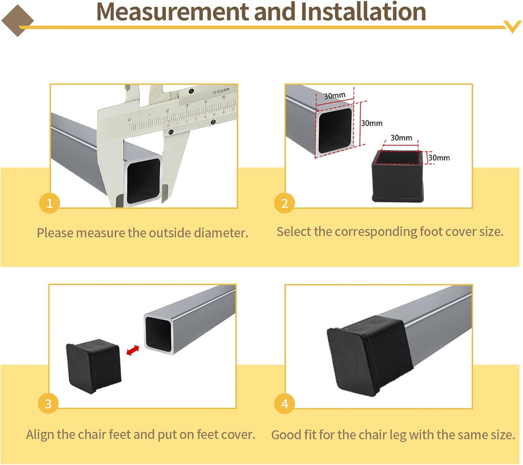Flyshop Heavy Duty Non-Slip Rubber Leg Tips Floor Protectors Square Chair Leg Caps 25mm x 25mm (1" x 1") 20pcs Black