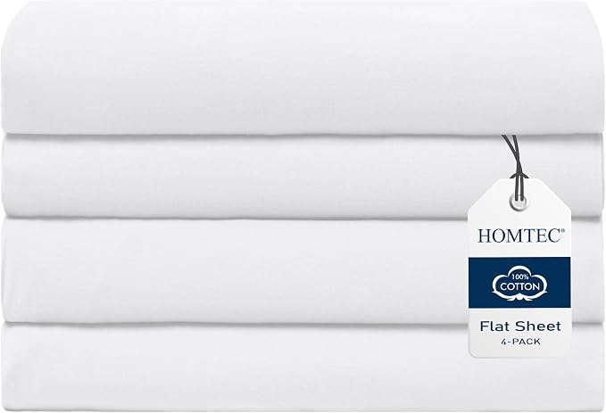King Size Flat Sheet 4 Pack, 100% Cotton Percale Flat Bed Sheet, Breathable by HOMTEC