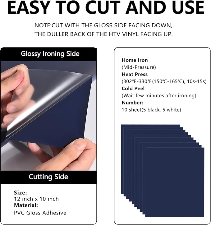FUNKAKA Navy Blue HTV Heat Transfer Vinyl Bundle, 10 Sheets Sticky HTV Vinyl - Image 3