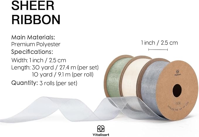 Vitalizart Organza Sheer Ribbon Set 1 inch x 30 Yd Handmade Fabric Ribbons - Image 2