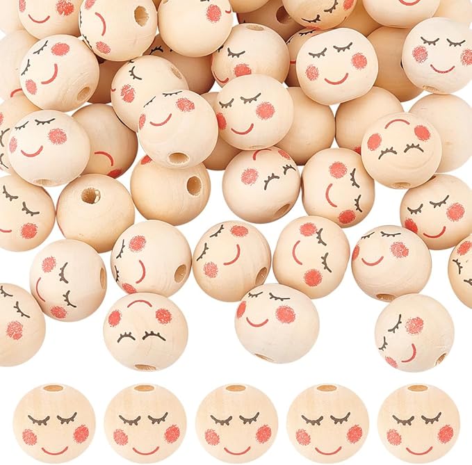 OLYCRAFT 50pcs 20mm Smile Face Wood Beads Round Wooden Beads Painted Head Bead by OLYCRAFT