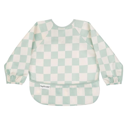 Tiny Twinkle Long Sleeve Bib for Babies & Toddlers – Waterproof Smock Bib for Eating – Machine Washable & Mess-Proof, Baby Feeding Essential & Shower Must-Have(Checkers Sage, 6–24M)
