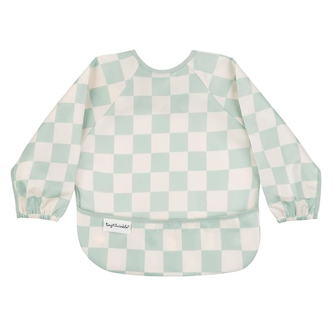 Tiny Twinkle Long Sleeve Bib for Babies & Toddlers – Waterproof Smock Bib for Eating – Machine Washable & Mess-Proof, Baby Feeding Essential & Shower Must-Have(Checkers Sage, 2-4Y)