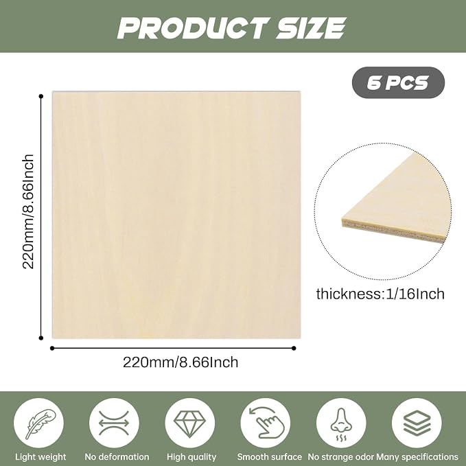 6 Pack Plywood Sheets, 8.66" x 8.66"x 1/16" Basswood Sheets | 1.5mm Basswood - Image 2