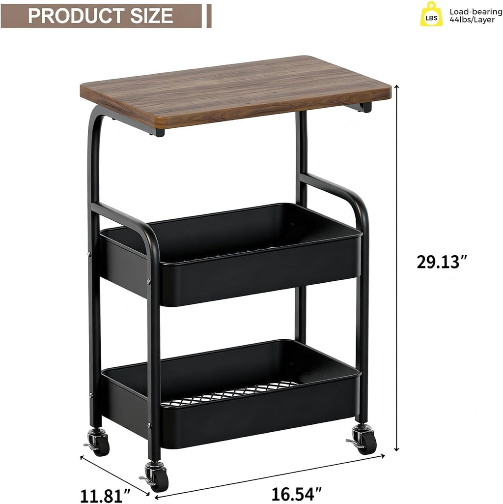 Rolling Cart with Wooden Tabletop 3-Tier Metal Utility Rolling Cart Storage Organizer with Lockable Wheels for Kitchen, Office, Bedroom