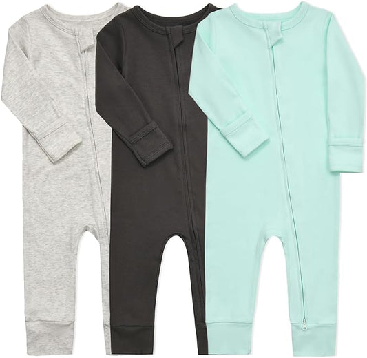 Aablexema Baby Cotton Fooltess Pajamas with Mitten, 3-pack Infant Romper Zip Up One Piece Jumpsuits Outfit