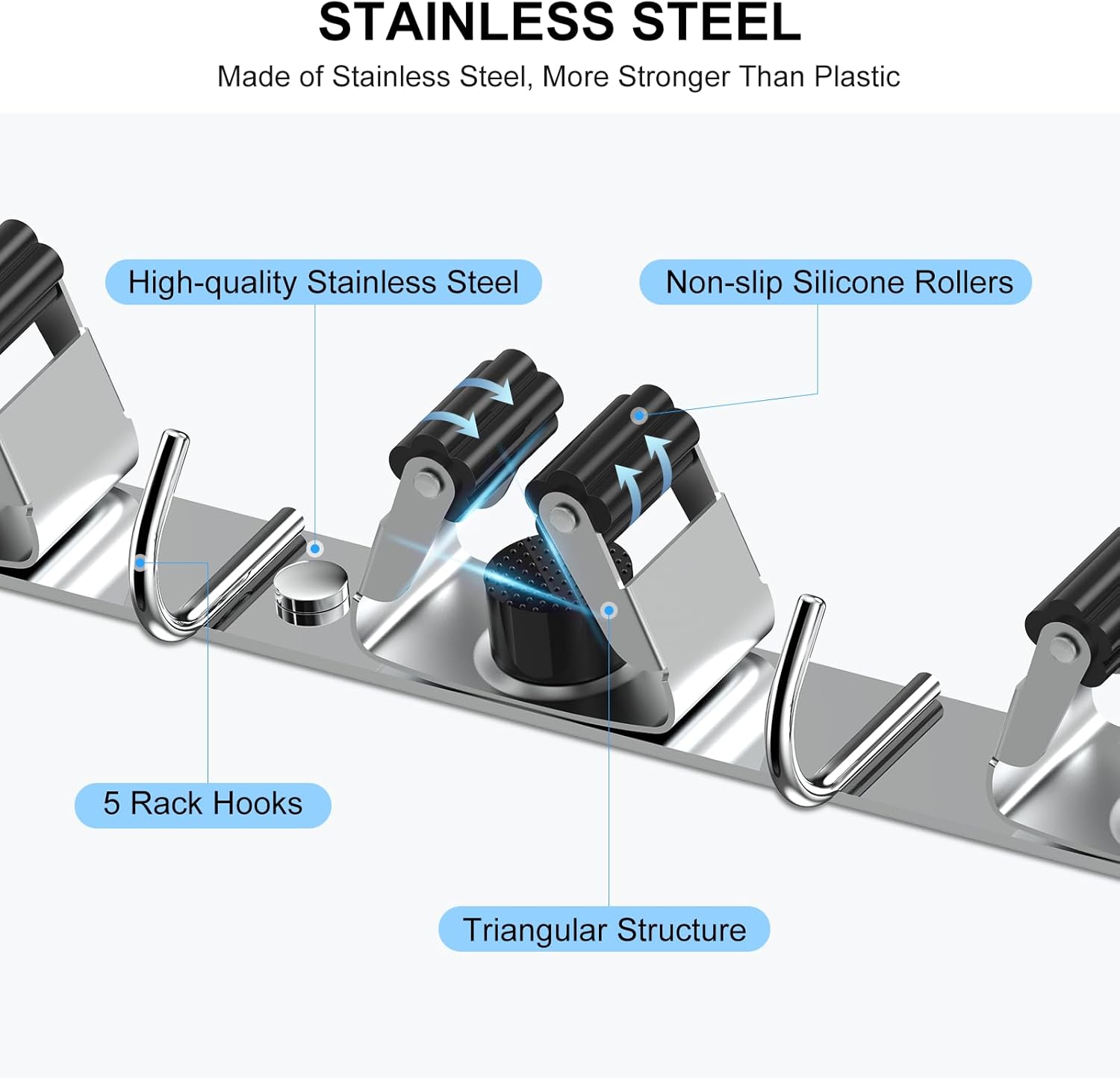 nacena Broom holder Wall Mount, 2-Pack Silver Stainless Steel Self-Adhesive Mop and Broom Hooks Heavy Duty Broom and Mop Storage Rack laundry room organization for Kitchen Garden garage