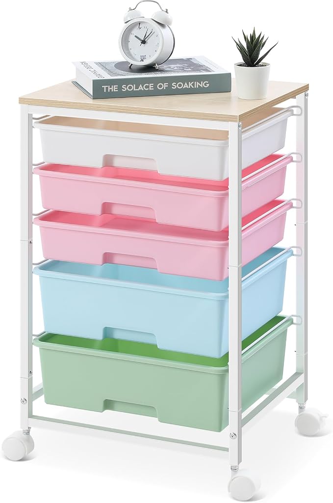 SYKIARIOL Utility Cart with 5 Drawers, Storage Drawer Cart with Wooden Tabletop by SYKIARIOL