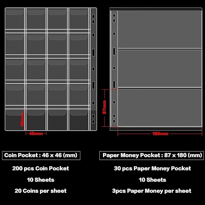 ANKHOH Zippered Coin Collection Book, 200 Pockets and 30 Bill Sleeves | PU - Image 5
