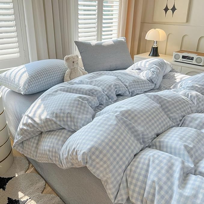 Nayoroom Gingham Duvet Cover Queen Size Blue White Plaid Checkered Comforter by Nayoroom