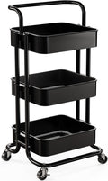 Pipishell 3 Tier Mesh Utility Cart, Rolling Metal Organization Cart with Handle and Lockable Wheels, Multifunctional Storage Shelves for Kitchen Living Room Office Black