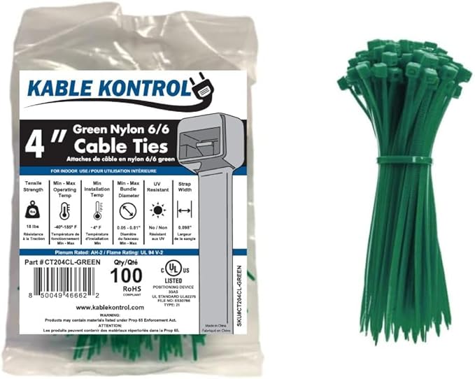 Kable Kontrol Green Zip Ties 4 Inch 100 Pcs, 18 Lbs Tensile Strength, by KABLEKONTROL%C2%AE