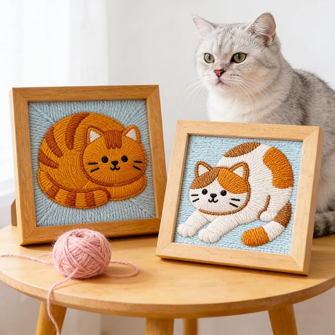 INFUNLY 2 Pcs Cats Punch Needle Embroidery Kit 9.4" DIY Punch Embroidery Kit - Image 2