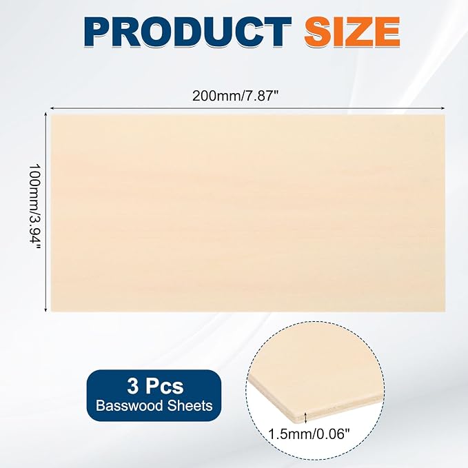 MECCANIXITY 3pcs Basswood Sheets 8 x 4 x 1/16 Inch Unfinished Wood Boards - Image 2