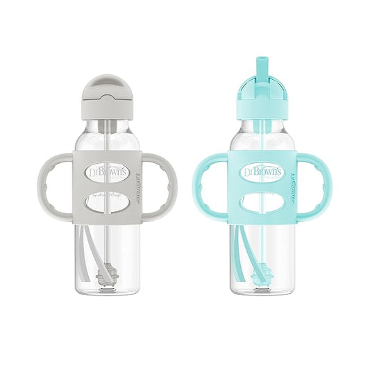 Dr. Brown's Milestones Narrow Sippy Straw Bottle, Spill-Proof with 100% Silicone Handles and Weighted Straw, 8 oz/250 mL, Gray & Green, 6m+