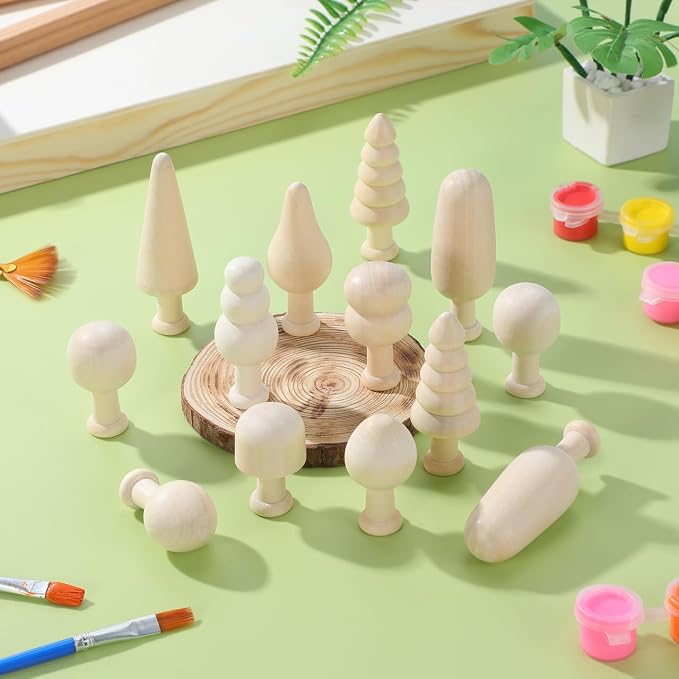 TEHAUX 20pcs Unfinished Mini Wooden Trees 5 Shapes DIY Paintable Wood Craft - Image 8
