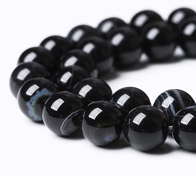 32PCS 12mm Natural Black Striped Agate Beads Gemstone Round Loose Beads - Image 4