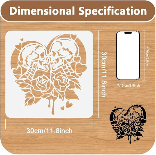 1 Piece Skeleton Lover Rose Craft Art Stencil, 11.8"x11.8" Skull Couple Plastic - Image 2