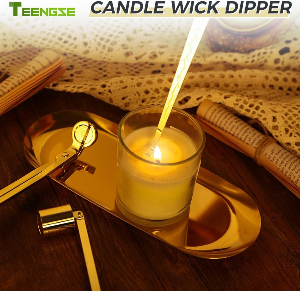 3 in 1 Candle Accessory Set, Candle Wick Trimmer, Candle Wick Snuffer, Candle Wick Dipper, Beautiful Box for Candle Lover (Gold)