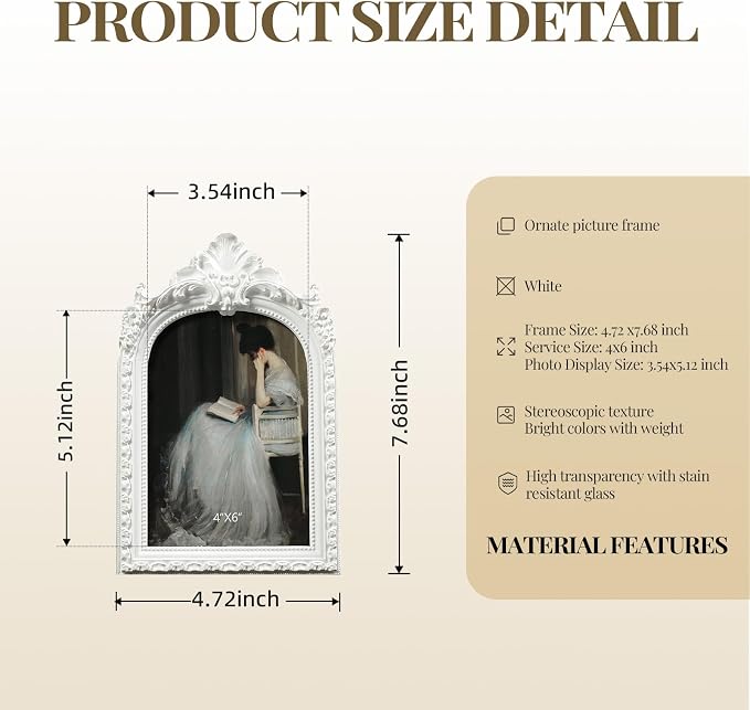 Cuspin 4x6 White Arched Picture Frame, Vintage Ornate Resin Photo Frame - Image 5