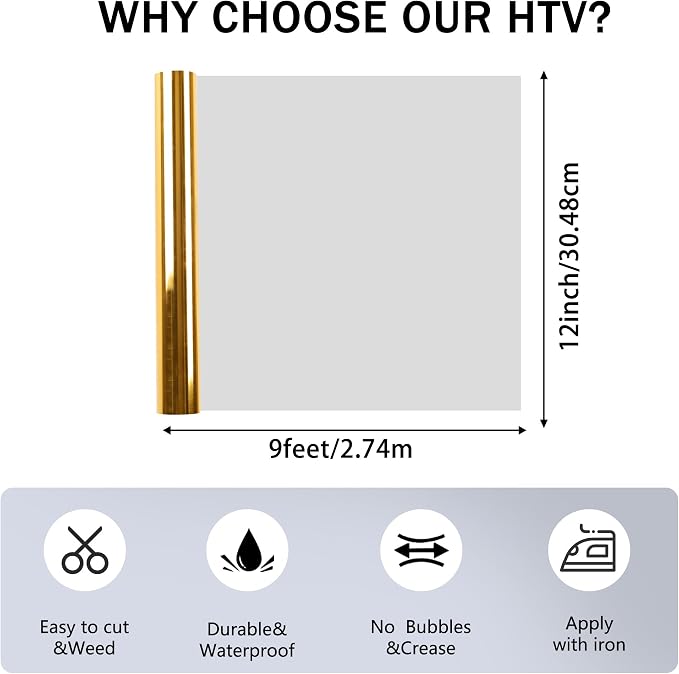 FUNKAKA Heat Transfer Vinyl Glossy Gold HTV Rolls - Image 3