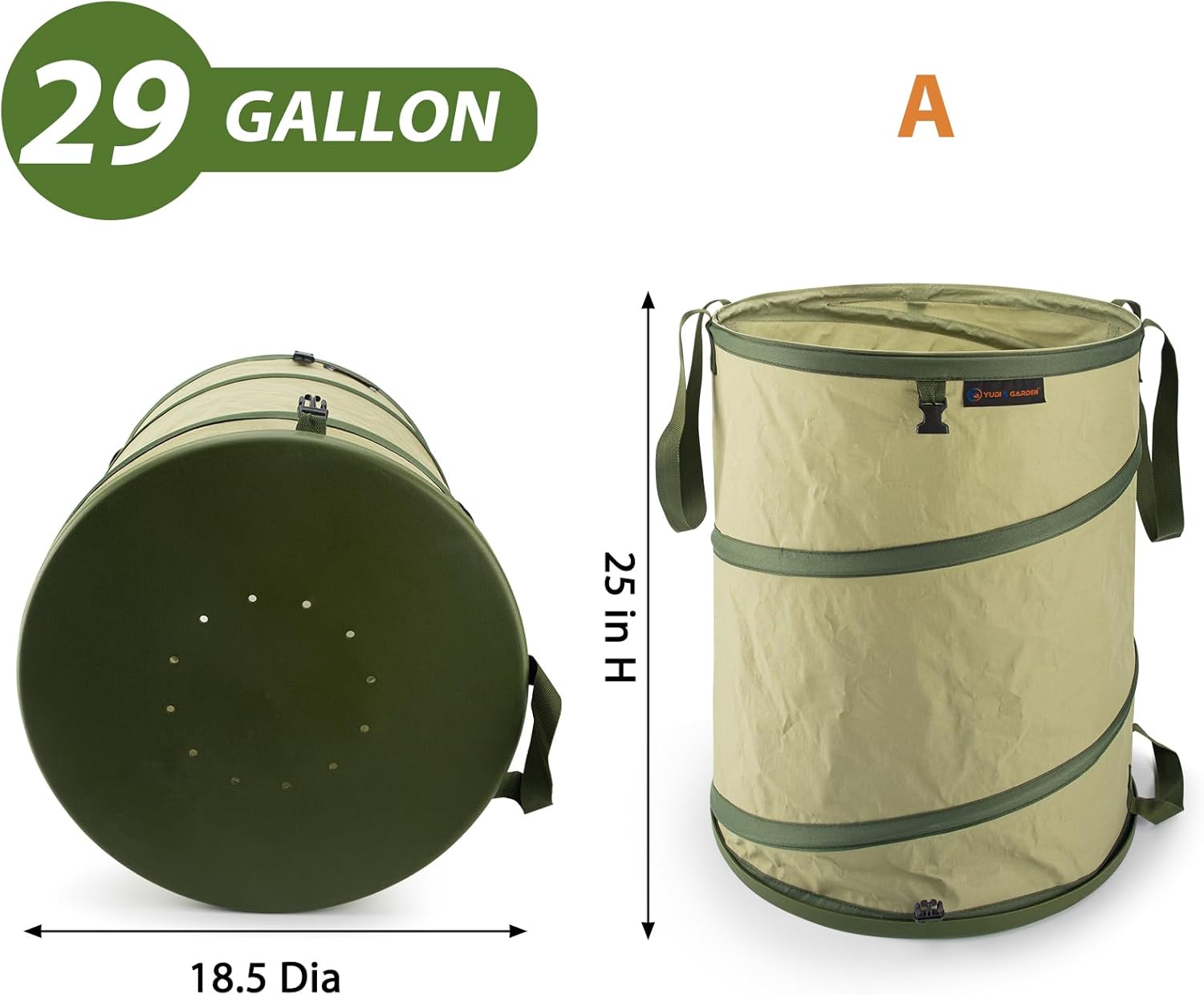 YUDI & GARDEN 29 Gallon Hard Bottom Collapsible Trash Can｜Collapsible Garden Bag｜Camping Trash Can, Green 2-Pack for Collecting Weeds or Yard and Party Waste