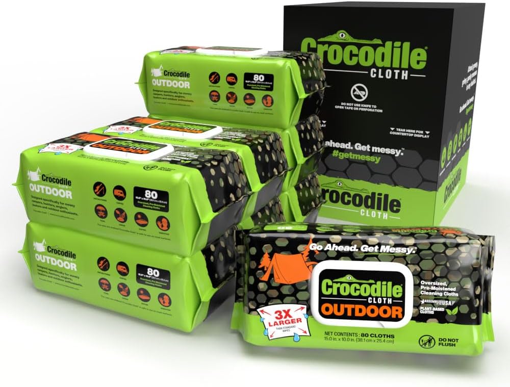Crocodile Cloth Outdoor Cleaning Wipes – 8 Packs/640 Total Count Plant-Based Cloths (15"x10"), Skin Safe, Pre-Moistened, Aloe & Vitamin E Infused, Large, Absorbent, Multi-Surface Disposable Wipes