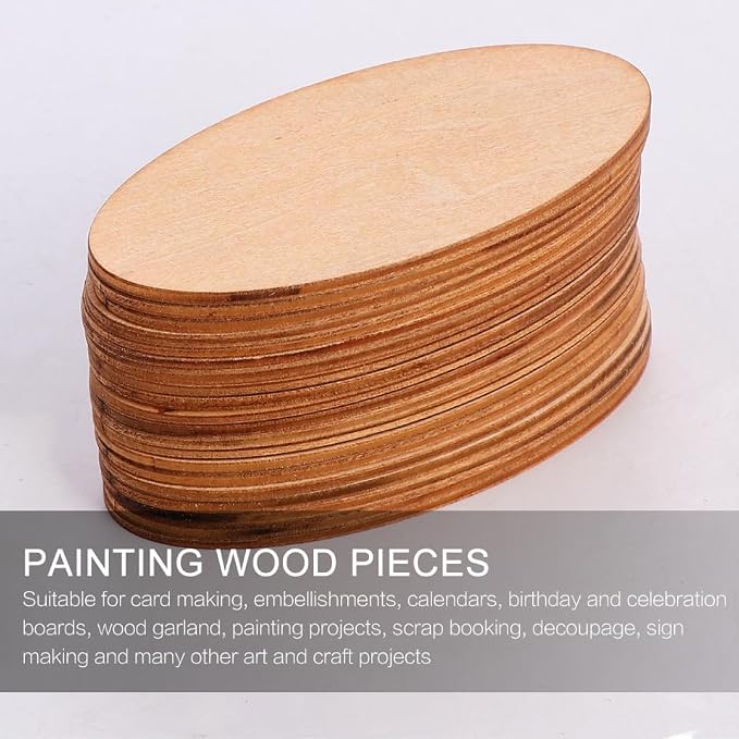 EXCEART 60Pcs Basswood Unfinished Oval Wood Slices 0.78X1.57X0.07In - Image 3