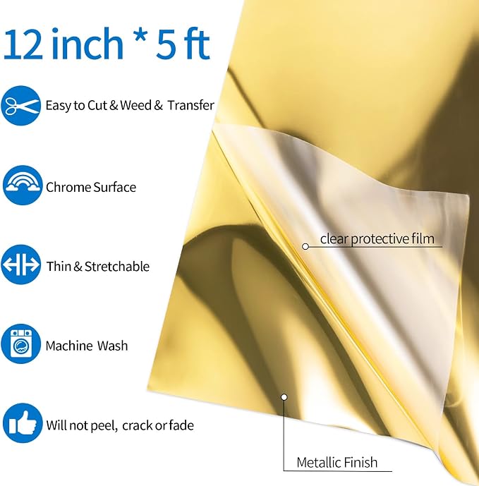 VINYL FROG Gold Metallic Foil Heat Transfer Vinyl Roll 12" x5ft Gold Iron on - Image 2