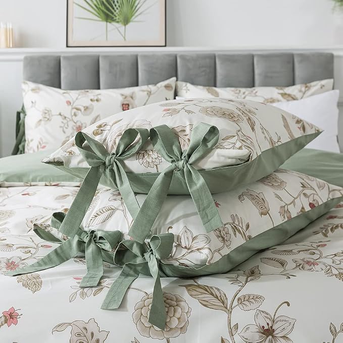 FADFAY Floral Bedding Set Full 100% Cotton Shabby and Chic Beige Green - Image 8